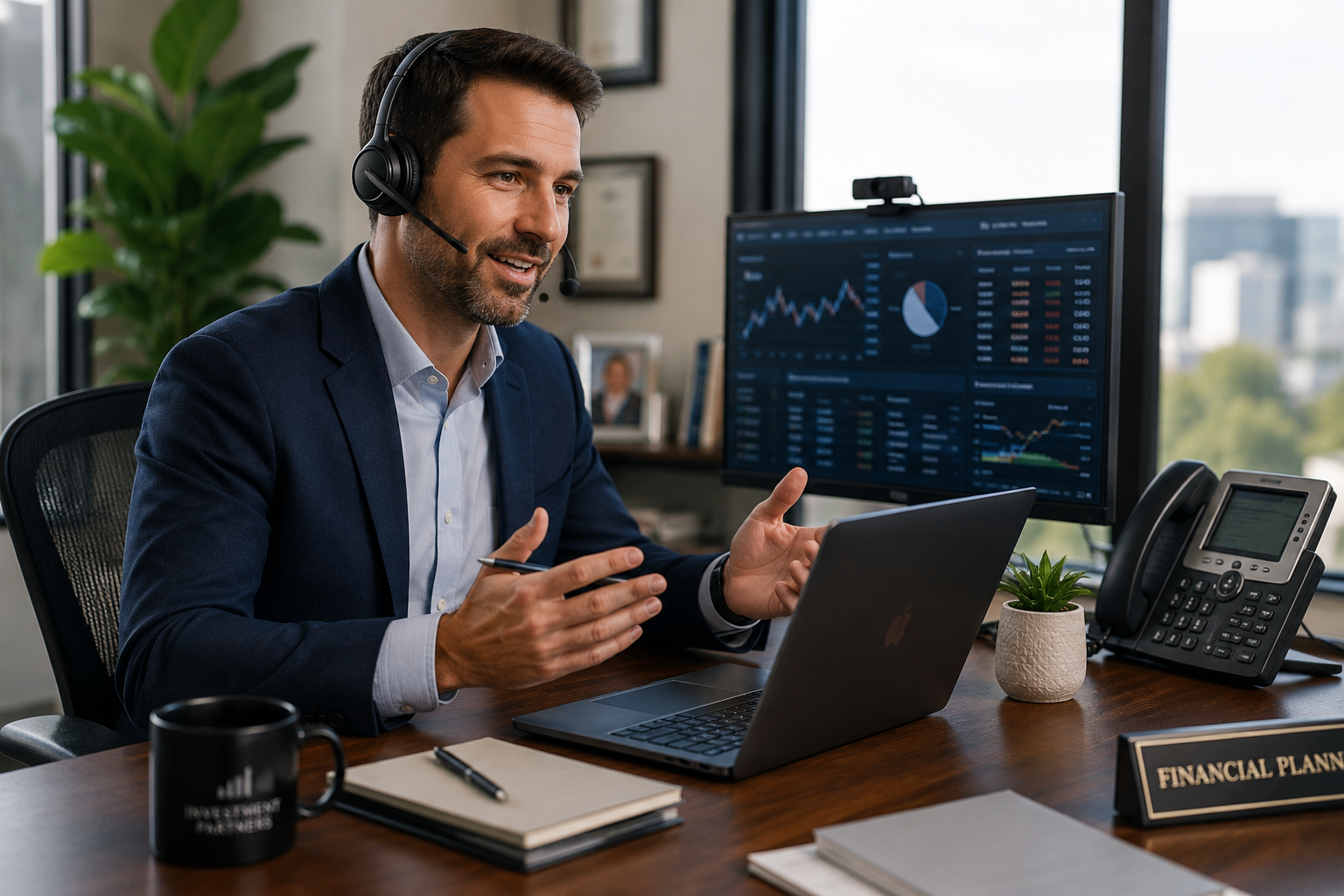 financial services man at desk on call while wearing a headset in front of laptop