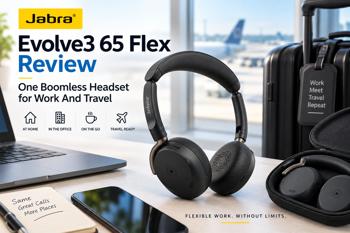 Jabra Evolve3 65 Flex headset on desktop, and also shown folded in carry case with airplane in background and text about headset for work and travel