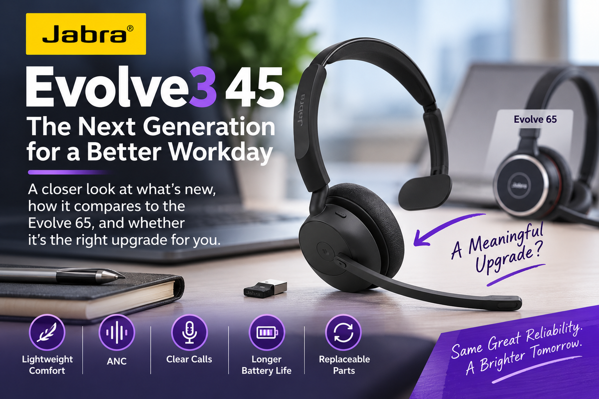 jabra evolve3 45 wireless headset on desktop promoting its new features