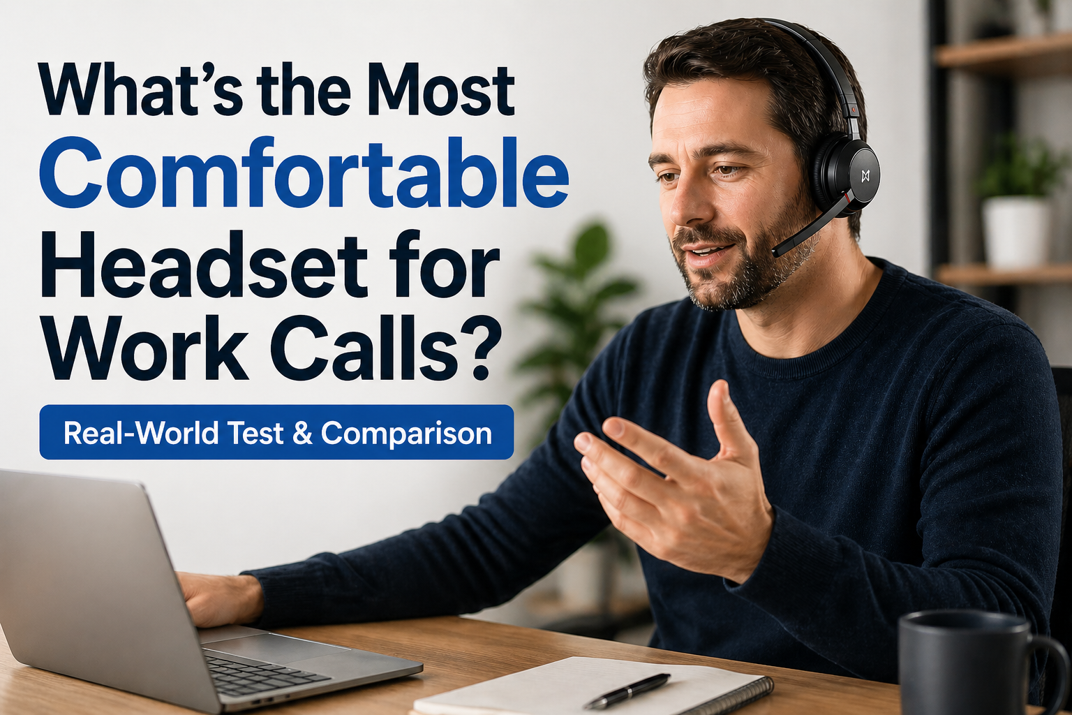 man wearing headset on call at his laptop, with text that says what's the most comfortable headset for work calls?