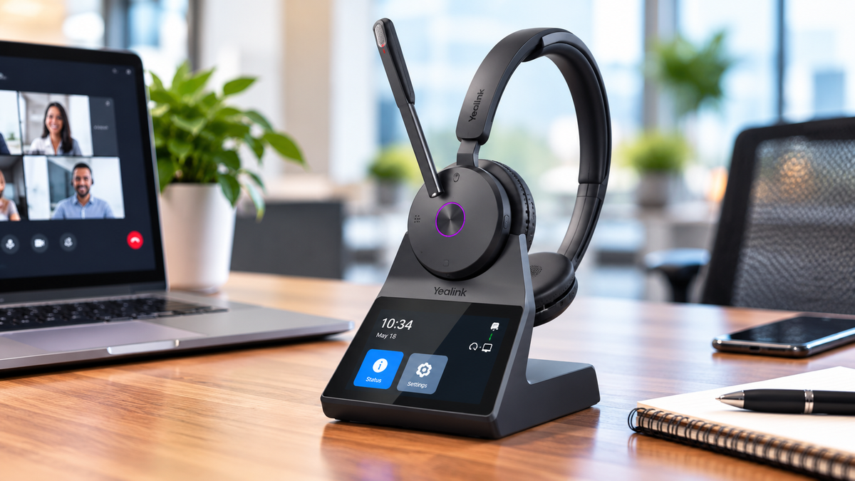 Yealink HA68 Pro wireless headset in dock station, on office desktop