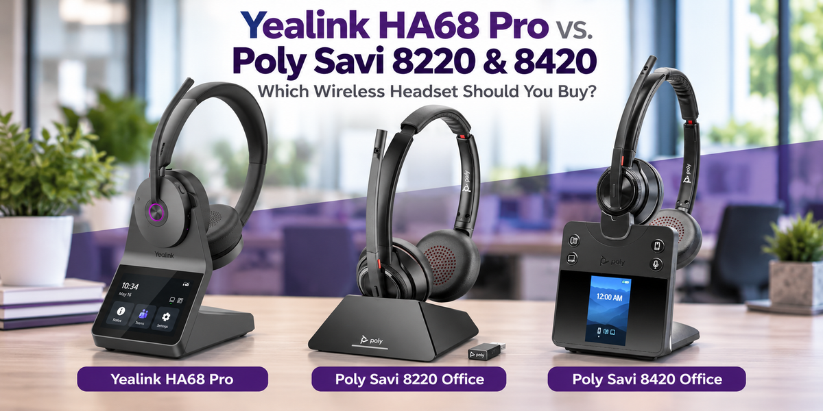 three headsets compared; Yealink HA68 Pro wireless headset to the Poly Savi 8220 and 8420 models. All three shown