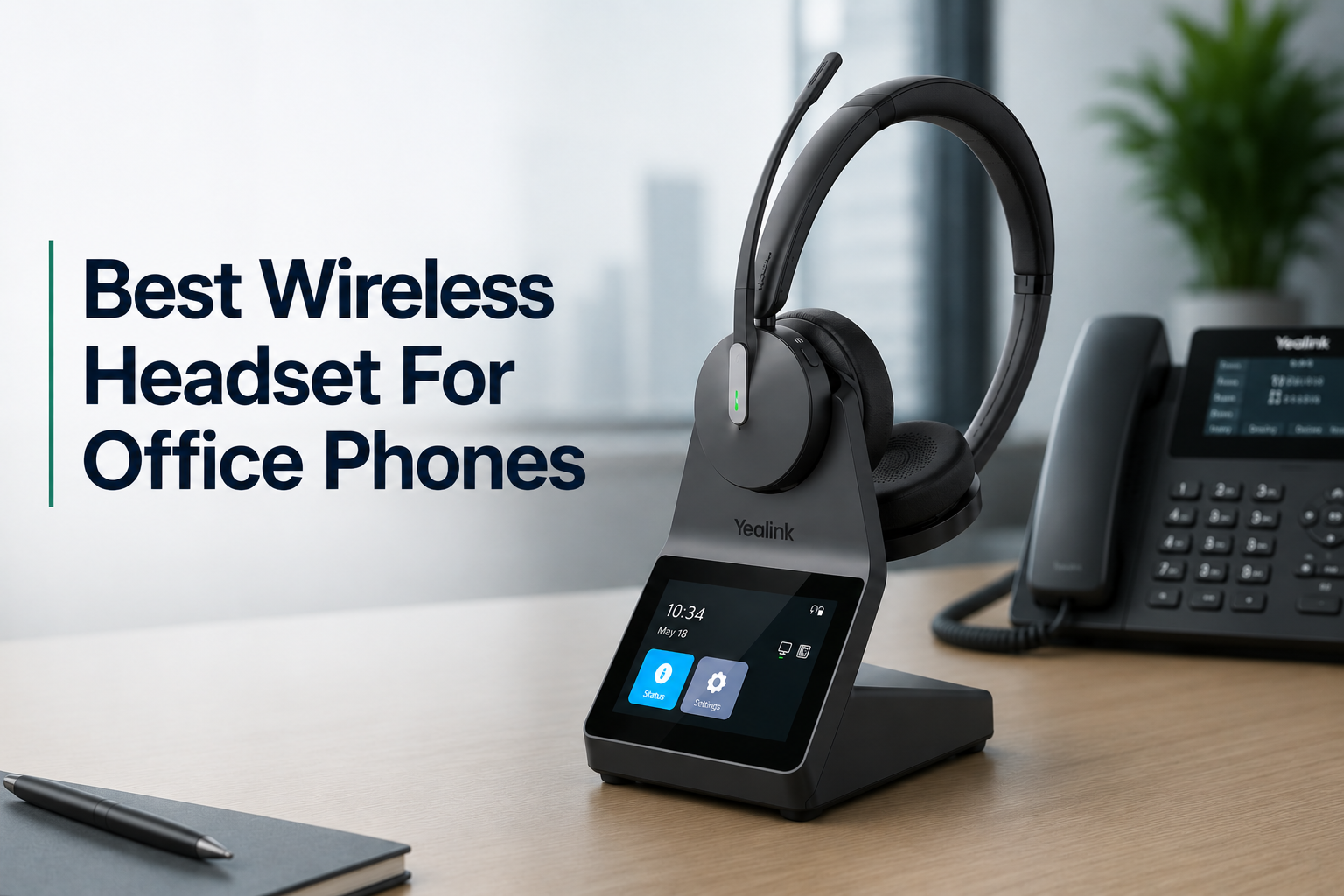 Yealink HA64 pro wireless headset in base, on desktop with phone in background, and text that reads best wireless headset for office phones