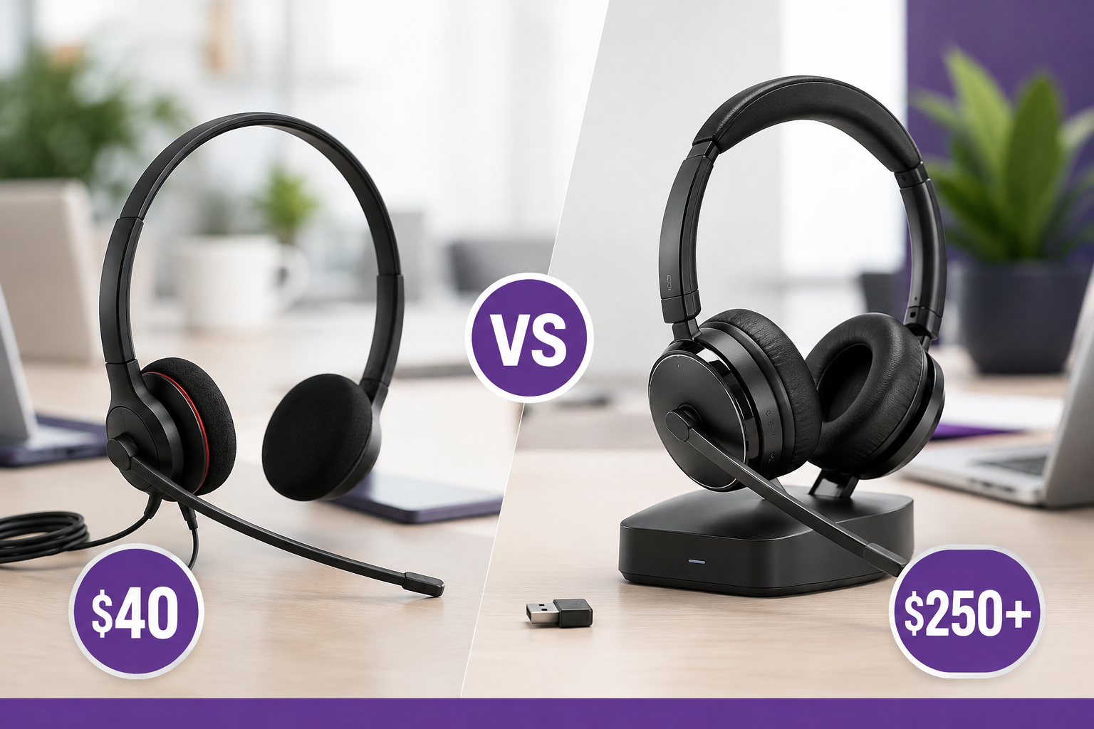 two headsets on desktop; one is a cheap model at $40, and the other is a premium headset at $250