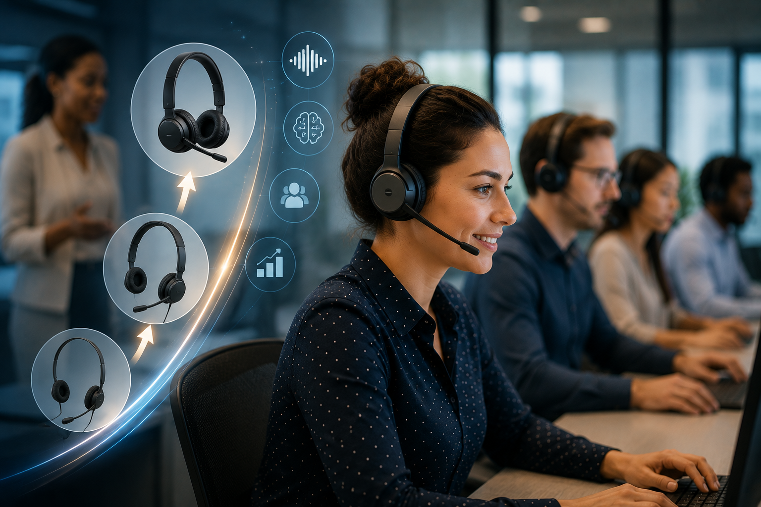 image of five people working in a contact center, with some headset options shown