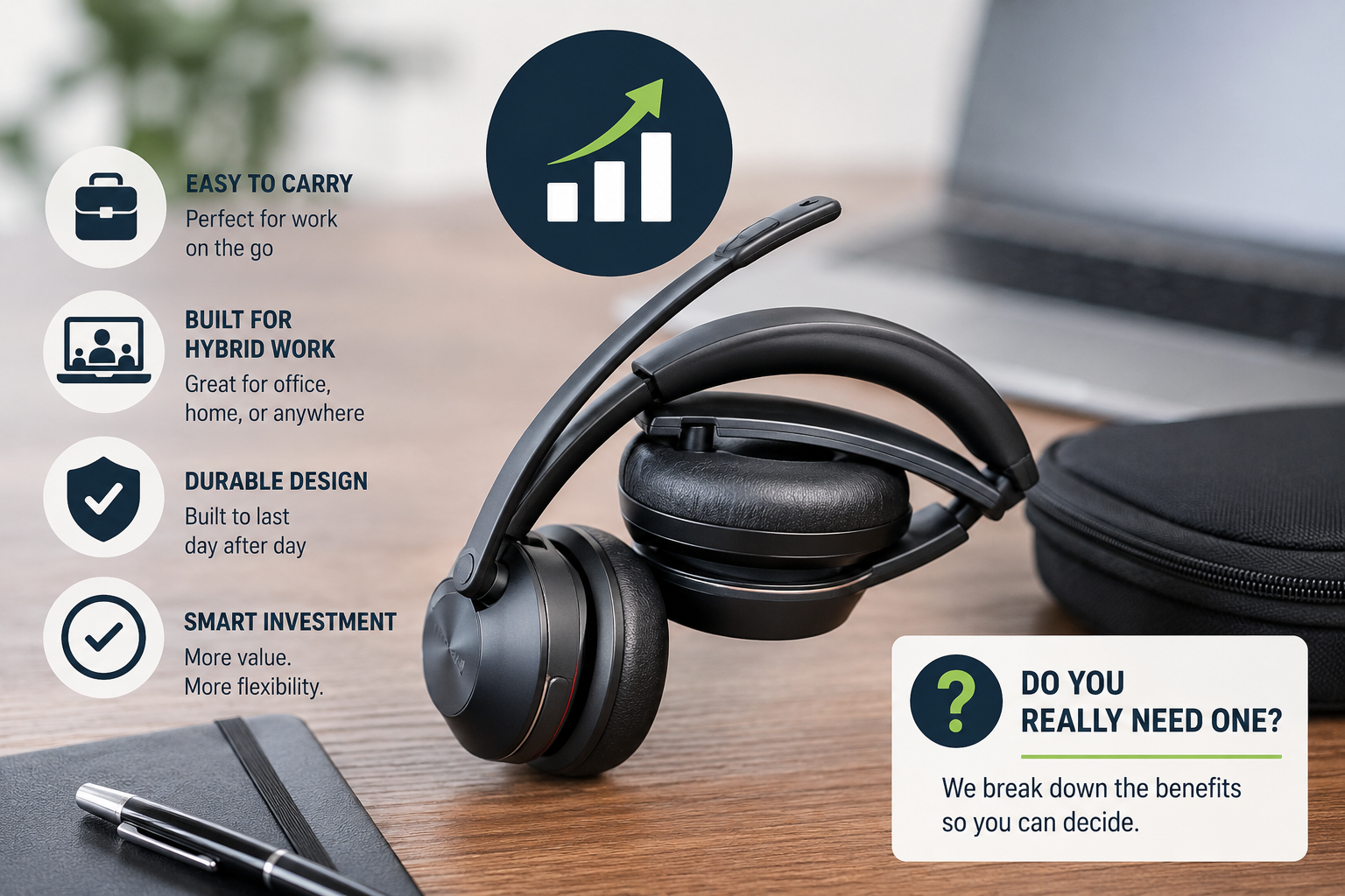 folded business headset on desktop with text that promotes benefits of folding headsets