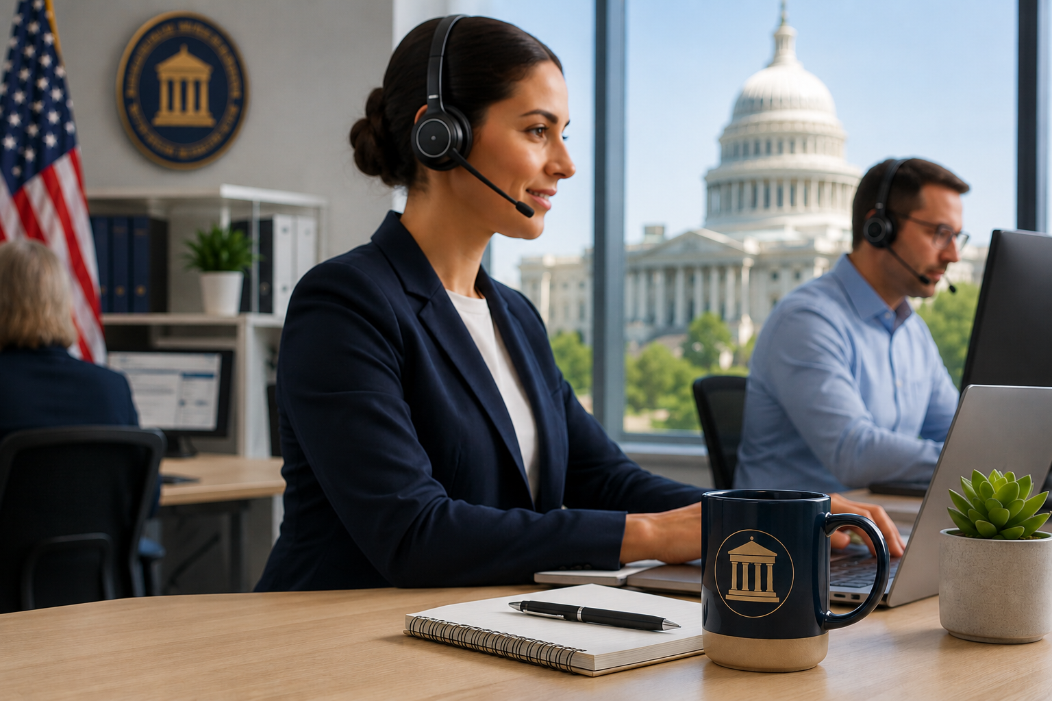 government woman in foreground wearing headset at desk while working on computer, man doing the same in background with the u.s. capital in far background
