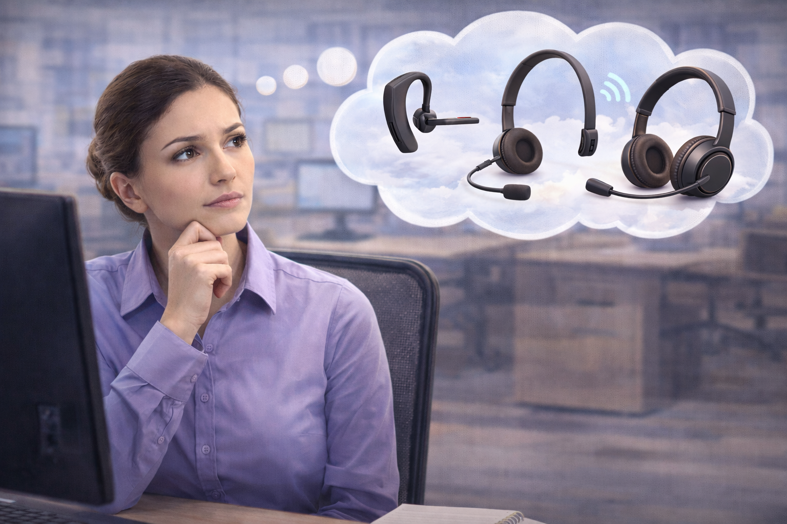 woman at desk pondering three different styles of headsets in a thought bubble above her
