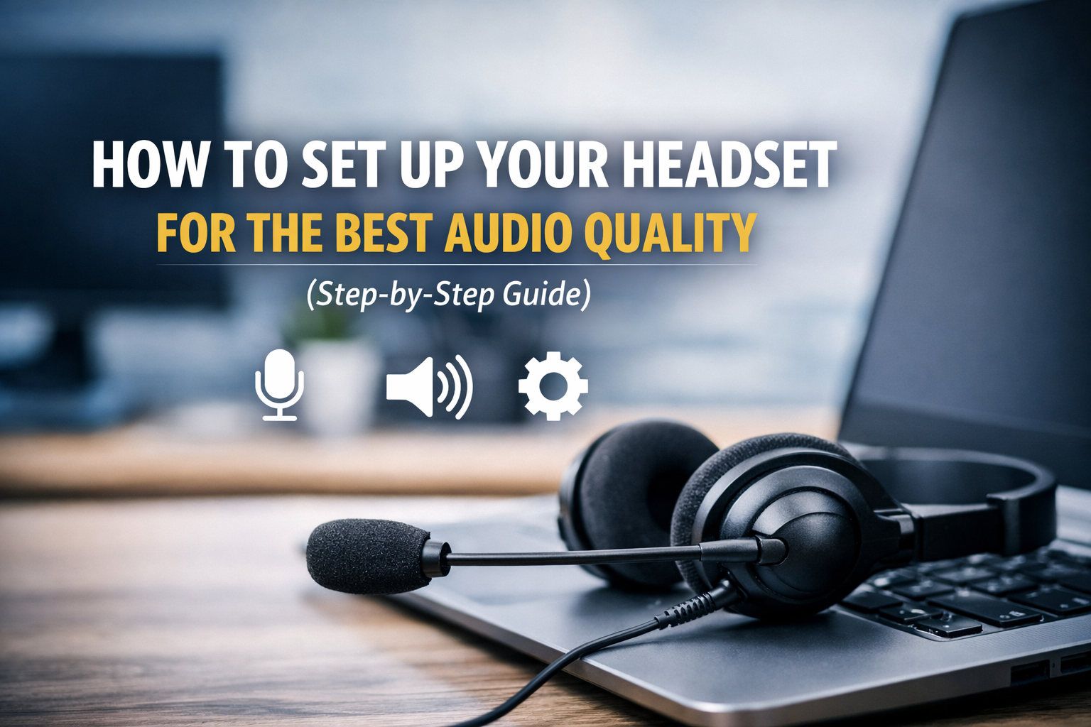 headset resting on laptop keypad with text saying how to set up your headset