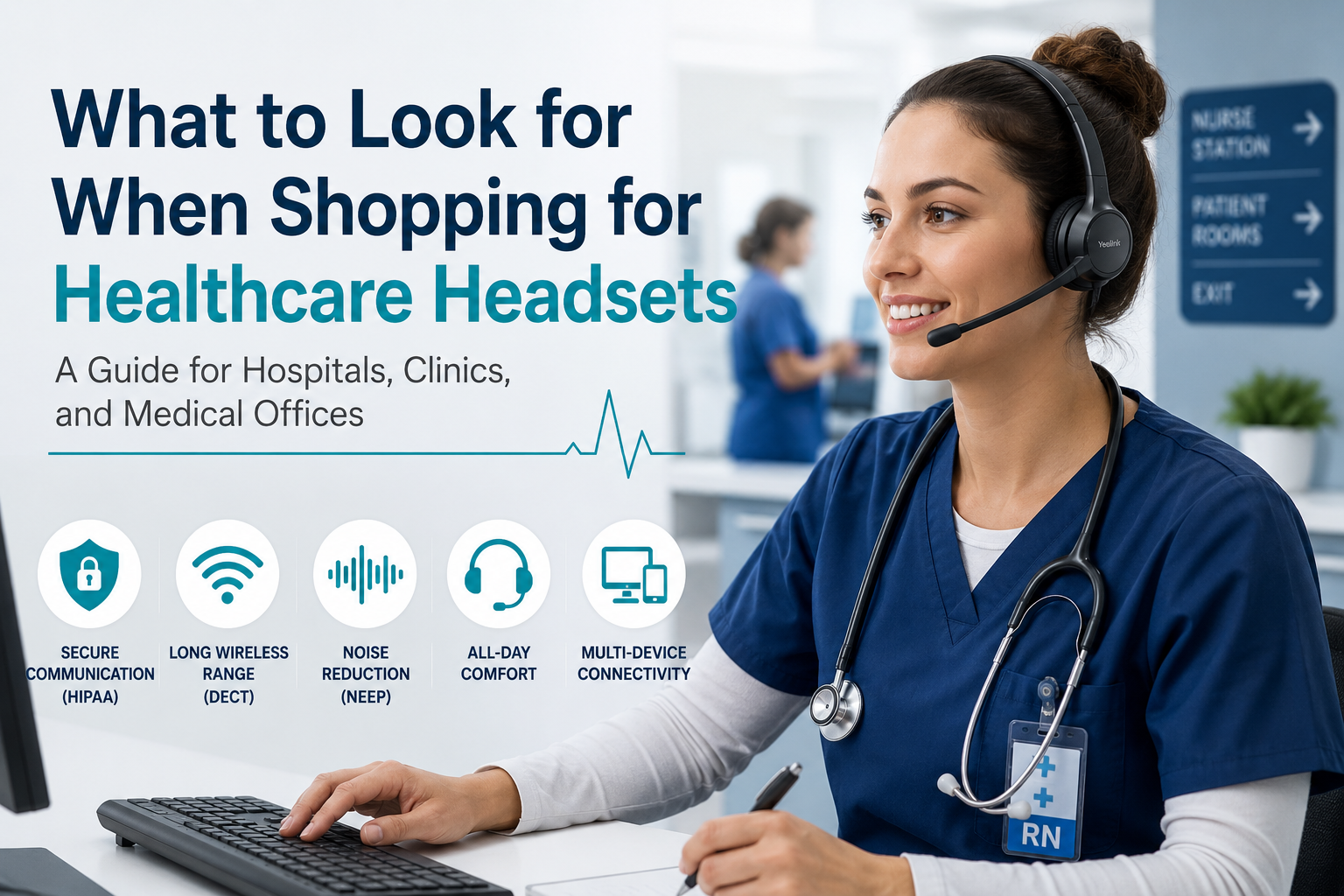 woman working at hospital with headset on, scrubs, stethescope around neck, with text promoting points about things to consider when shopping for headsets for healthcare workers