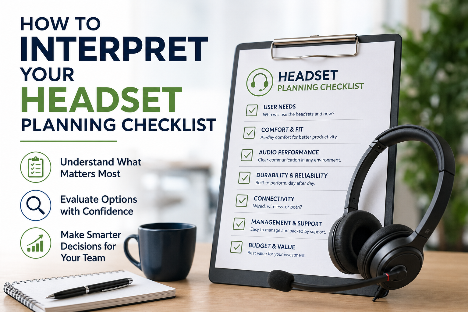 headset on desktop along with text about how to interpret headset questions from previous blog