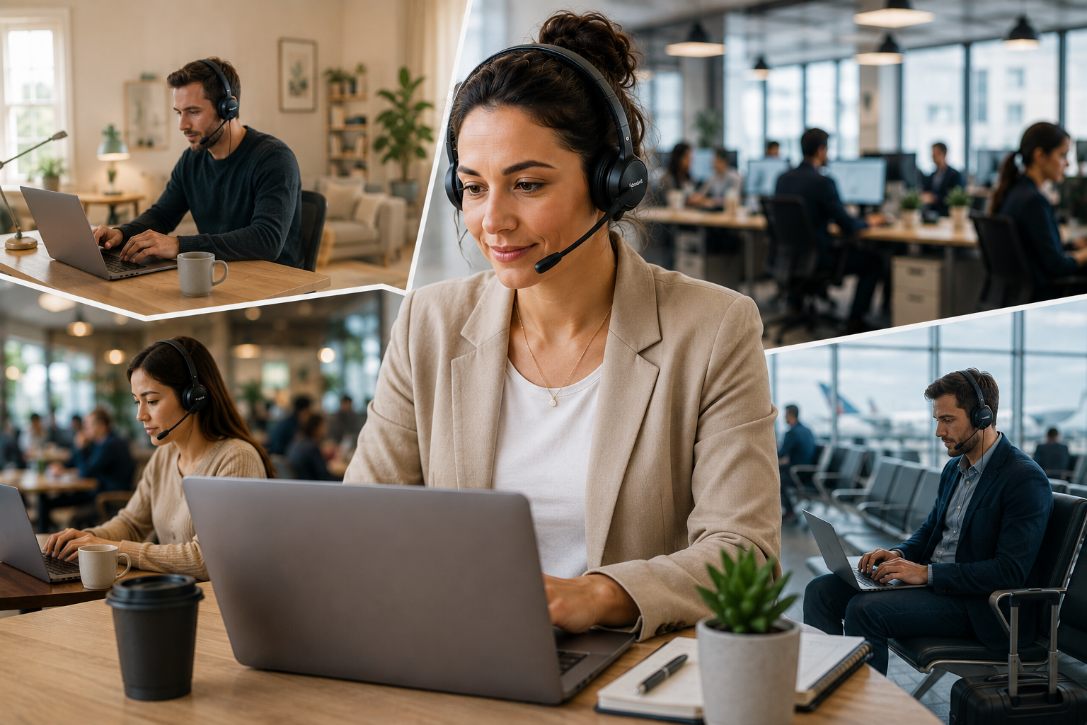 woman in foreground wearing headset working at laptop, with three additional images in background; home worker, in office worker, and on the go worker