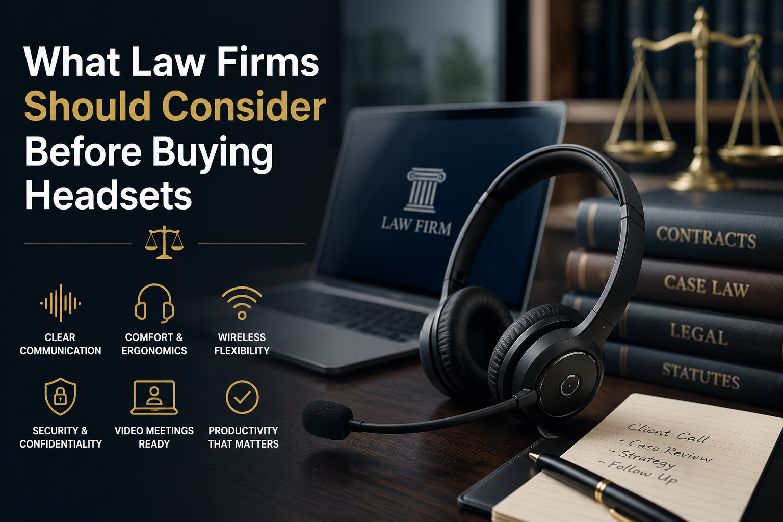 headset on desk top next to laptop and some law books, promoting the thought of things for law firms to consider before buying headsets