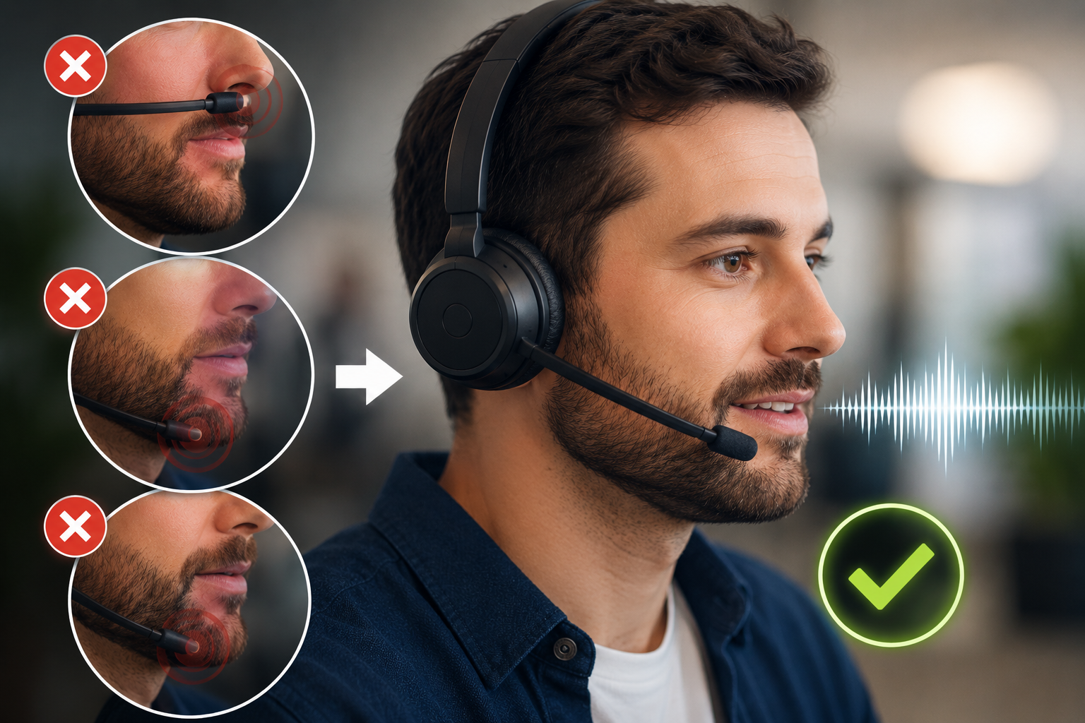 man showing where to position headset microphone, and inserted images of where not to