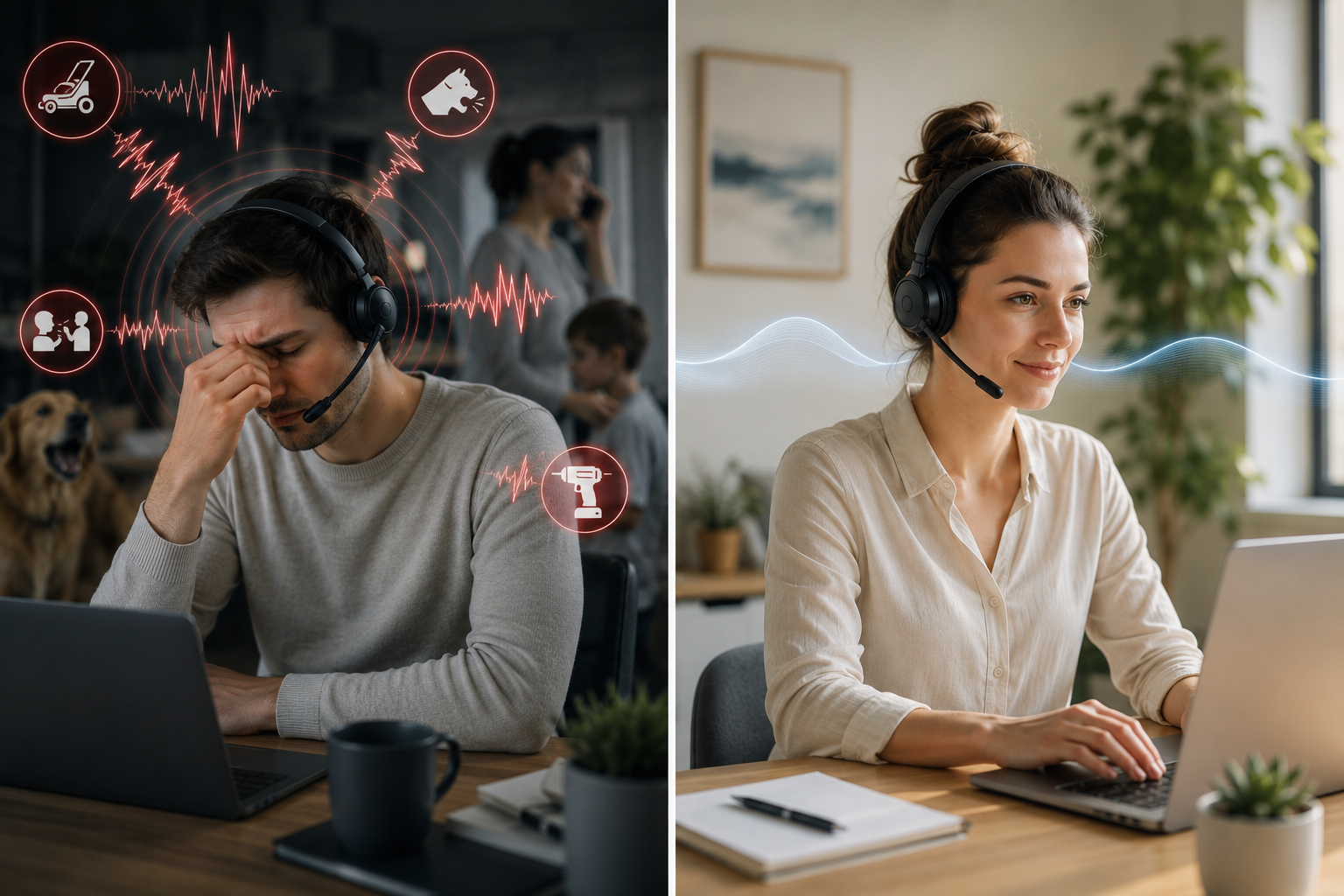 man on left feeling drained by background noise, woman on right also wearing a headset, but in quiet office, looking calm, and relaxed and happy