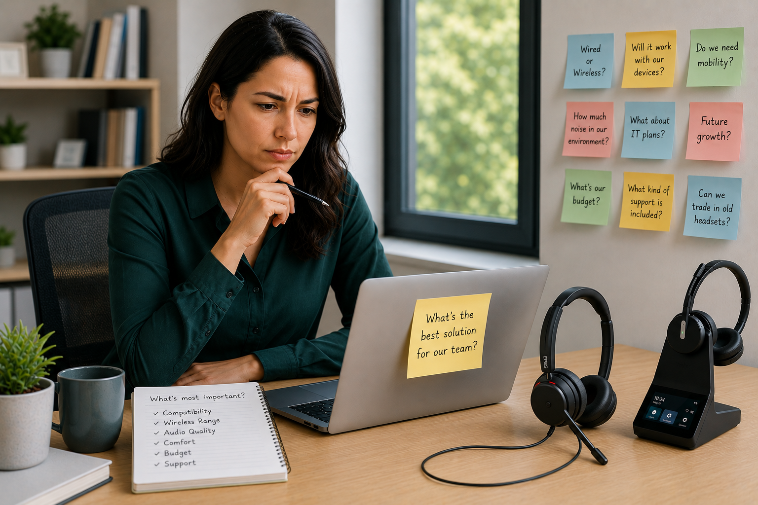 woman contemplating what headset to buy, while sitting at a desk viewing her laptop.