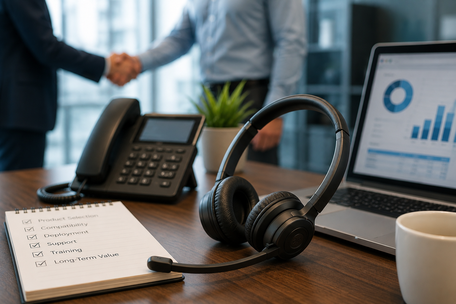 foreground is desk phone, computer and headset on desk. background two people shaking hands. Notes on notepad on desktop with vendor questions or requirements