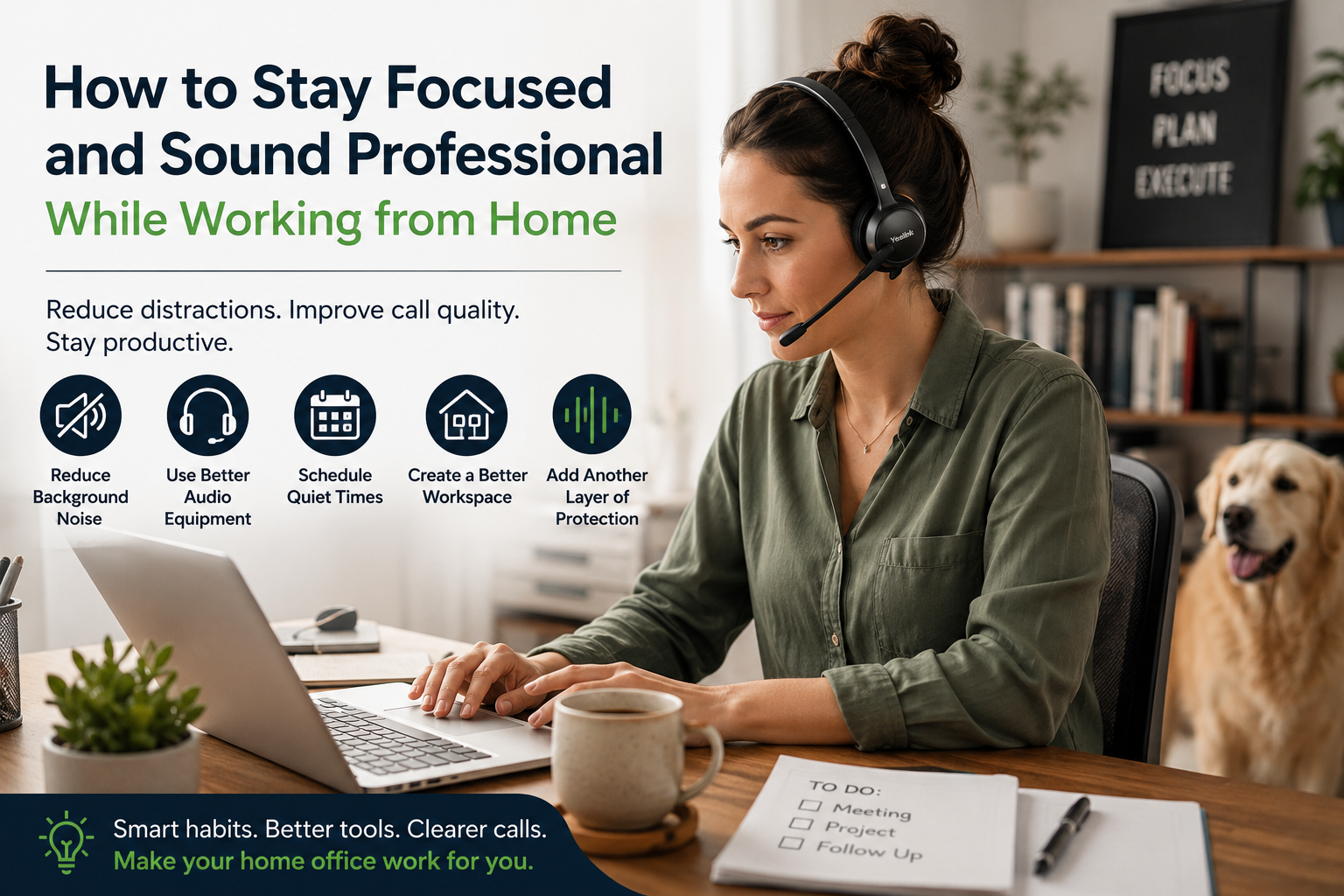 woman working at home office wearing a headset with dog in the background