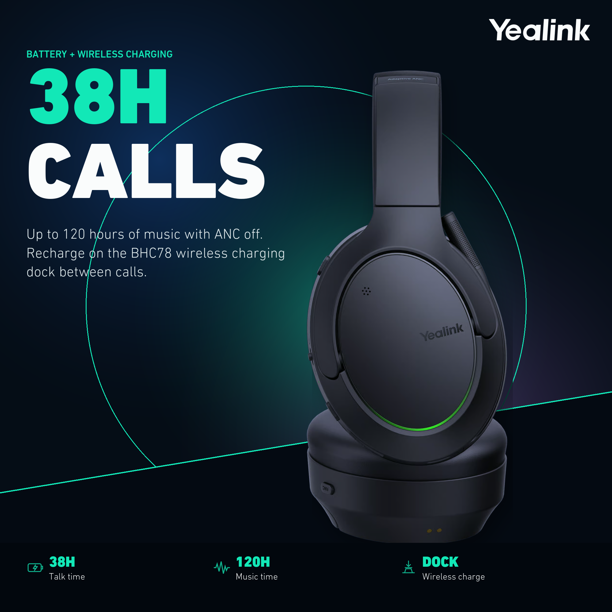 Yealink BH78 Wireless Bluetooth Headset with ANC & Charge stand - item 1208731
