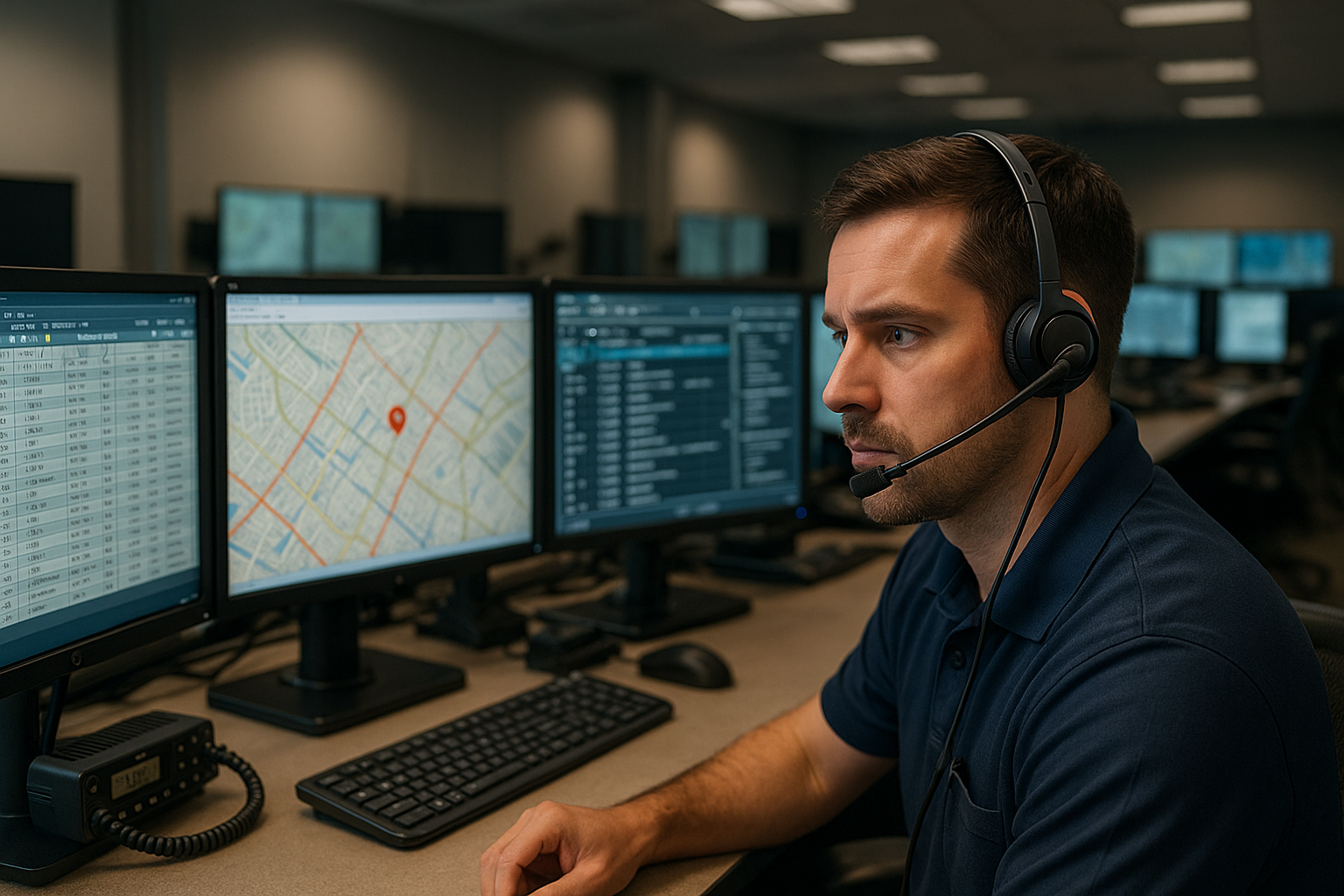 911 dispatcher wearing a headset in a dispatch office