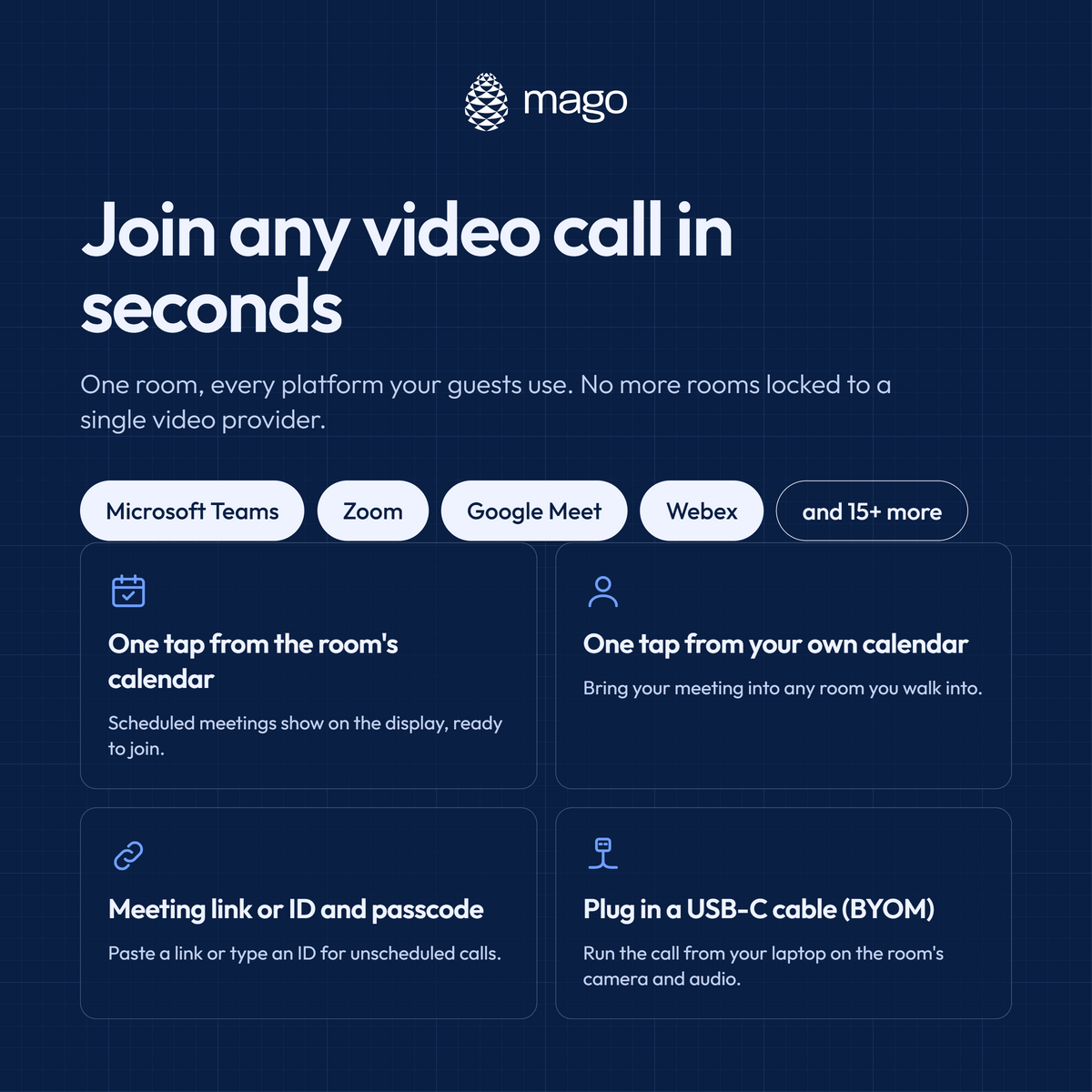 Join Teams, Zoom, Google Meet and Webex calls from one room