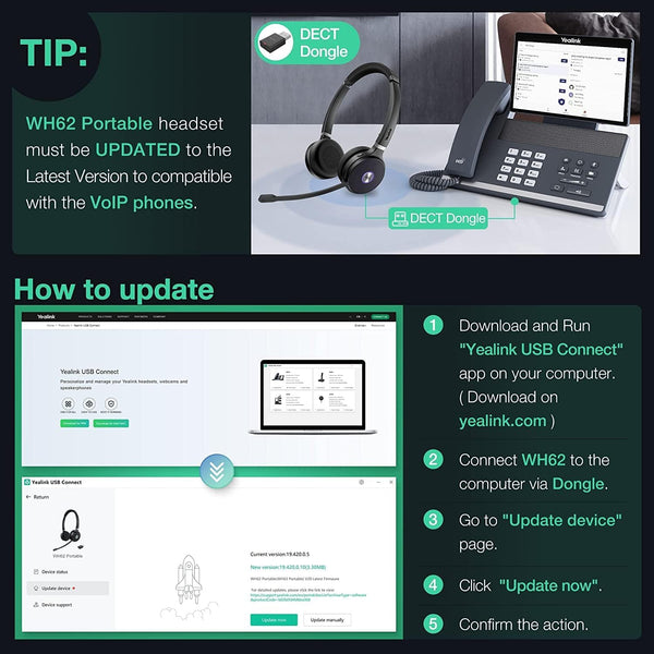 Yealink WH62 Portable Dual Speaker Wireless DECT Headset