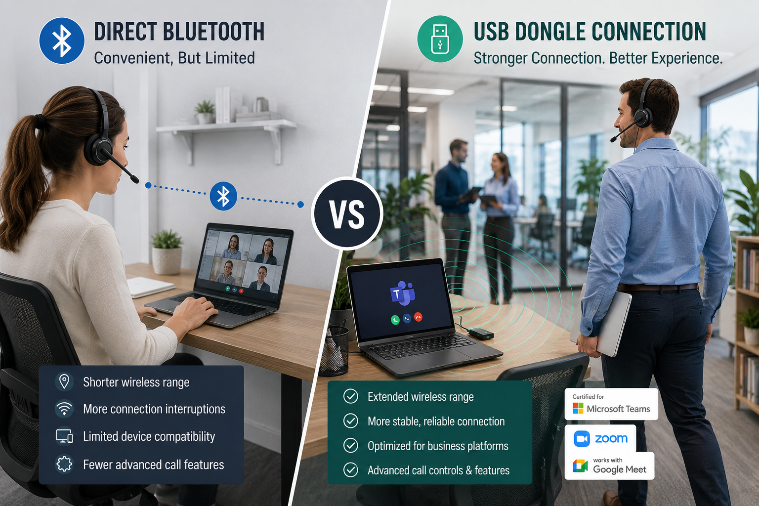 woman at workstation on left using bluetooth headset connection, man on right using usb dongle and moving wirelessly through his office