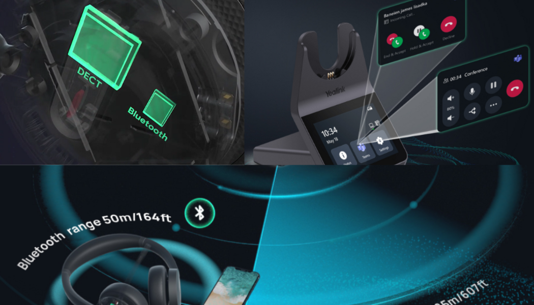 3 picture collage of the Yealink HA64 pro headset screen, range and technology