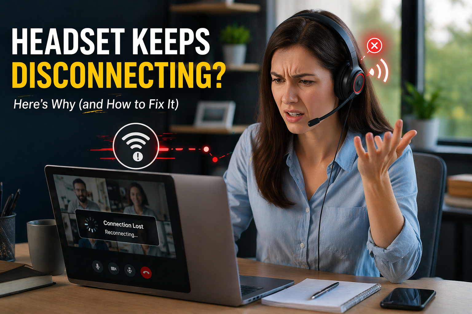 woman wearing headset while seated at desk in front of her laptop, showing signs of frustration due to headset disconnecting