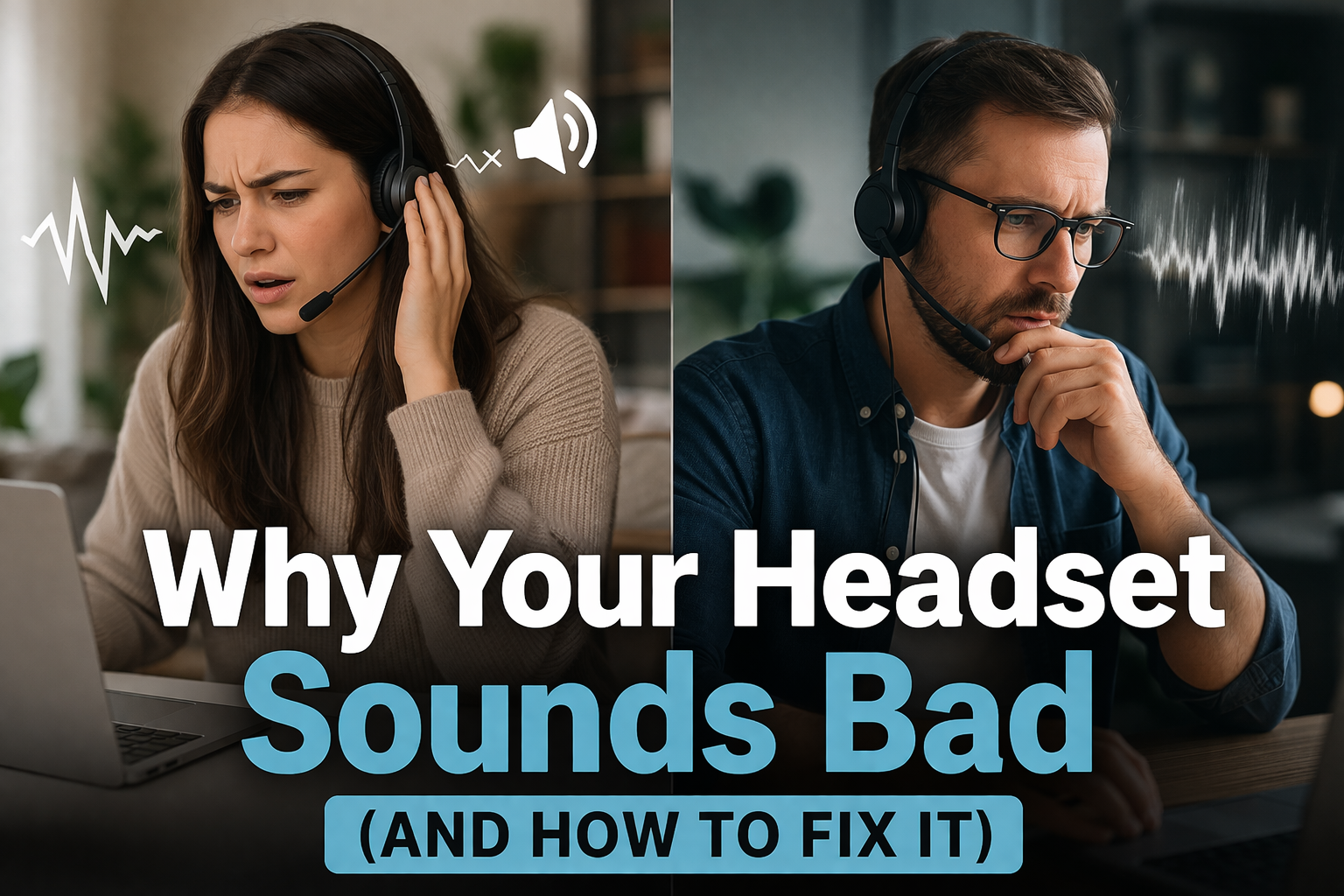 split image with a woman wearing a headset with bad sound quality, and man on right the same