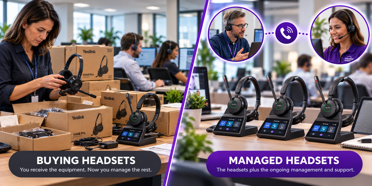 split image: on left a woman who jusst received a shipment of headsets to be deployed. On right, IT manager is on a call with Headset Advisor customer support getting help.