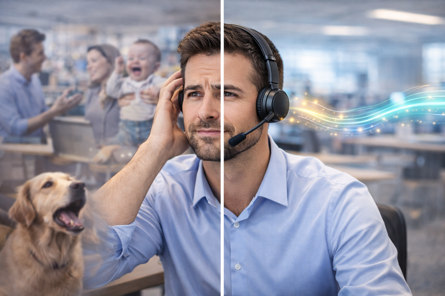 split image,man in center of image wearing a headset, on left background noise sources, on right open office, clean audio