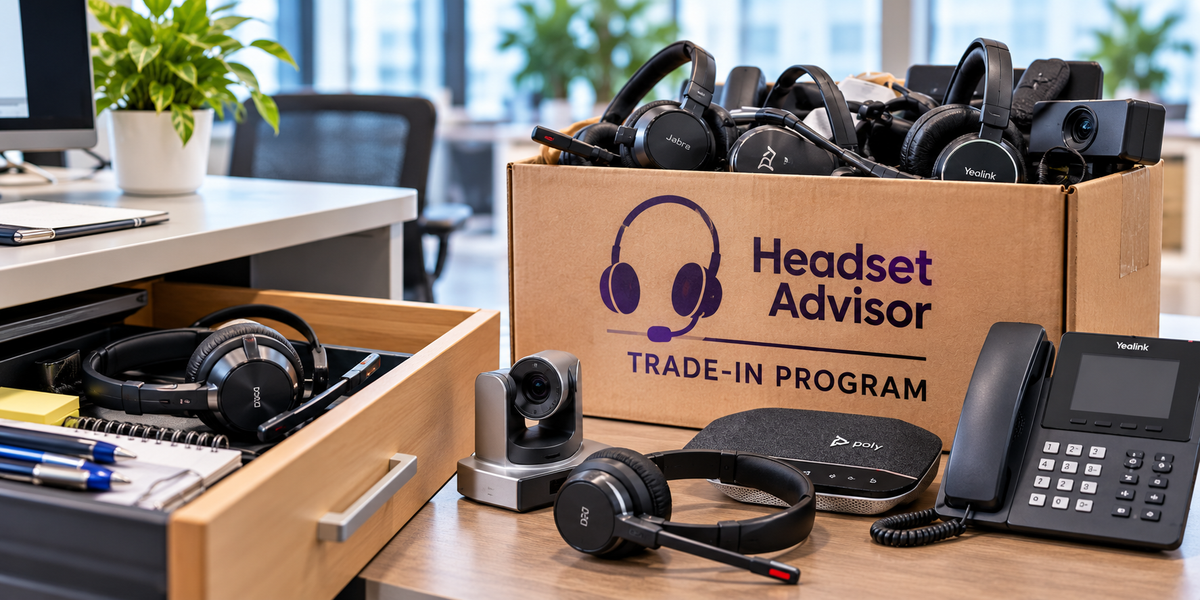 collection of old headsets and audio video equipment staged for trade in