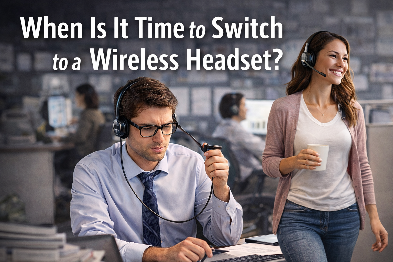 man at desk with frustrated look at his wireless headset cord, and woman nearby walking and talking happily on her wireless headset