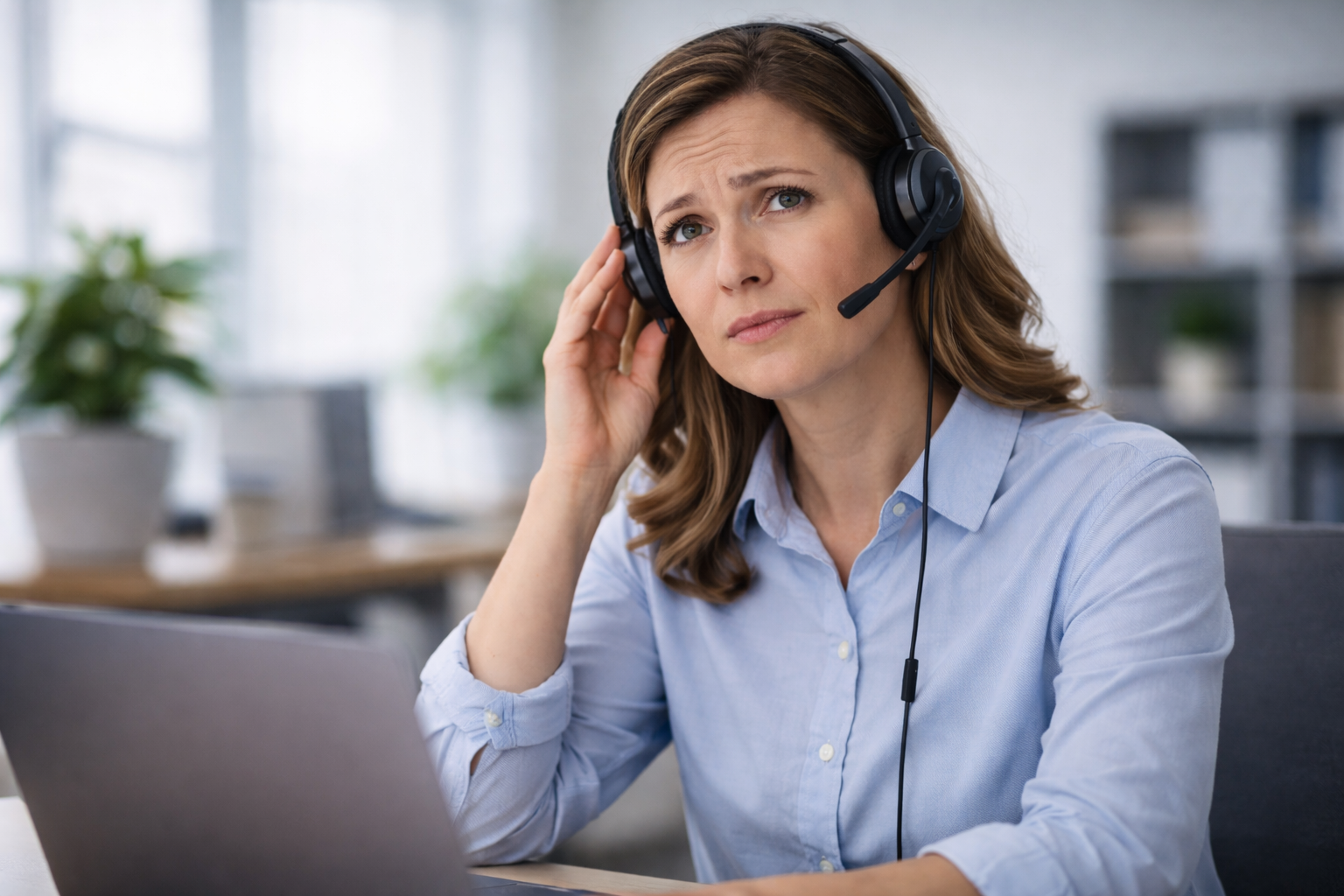 woman working at desk wearing a headset and adjusting it with a slight concerned look on her face due to echo in headset