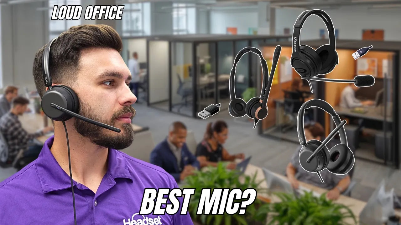 man in foreground wearing a wired usb headset, with open office and enclosed cubicles in the background, with the wording "best Mic" as the image title