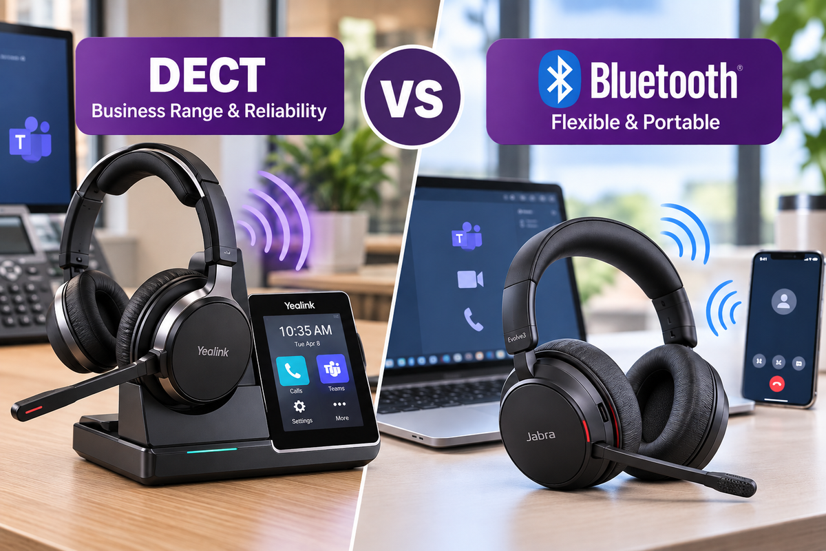 two headsets on desktop split screen. One in charging base, one on desktop