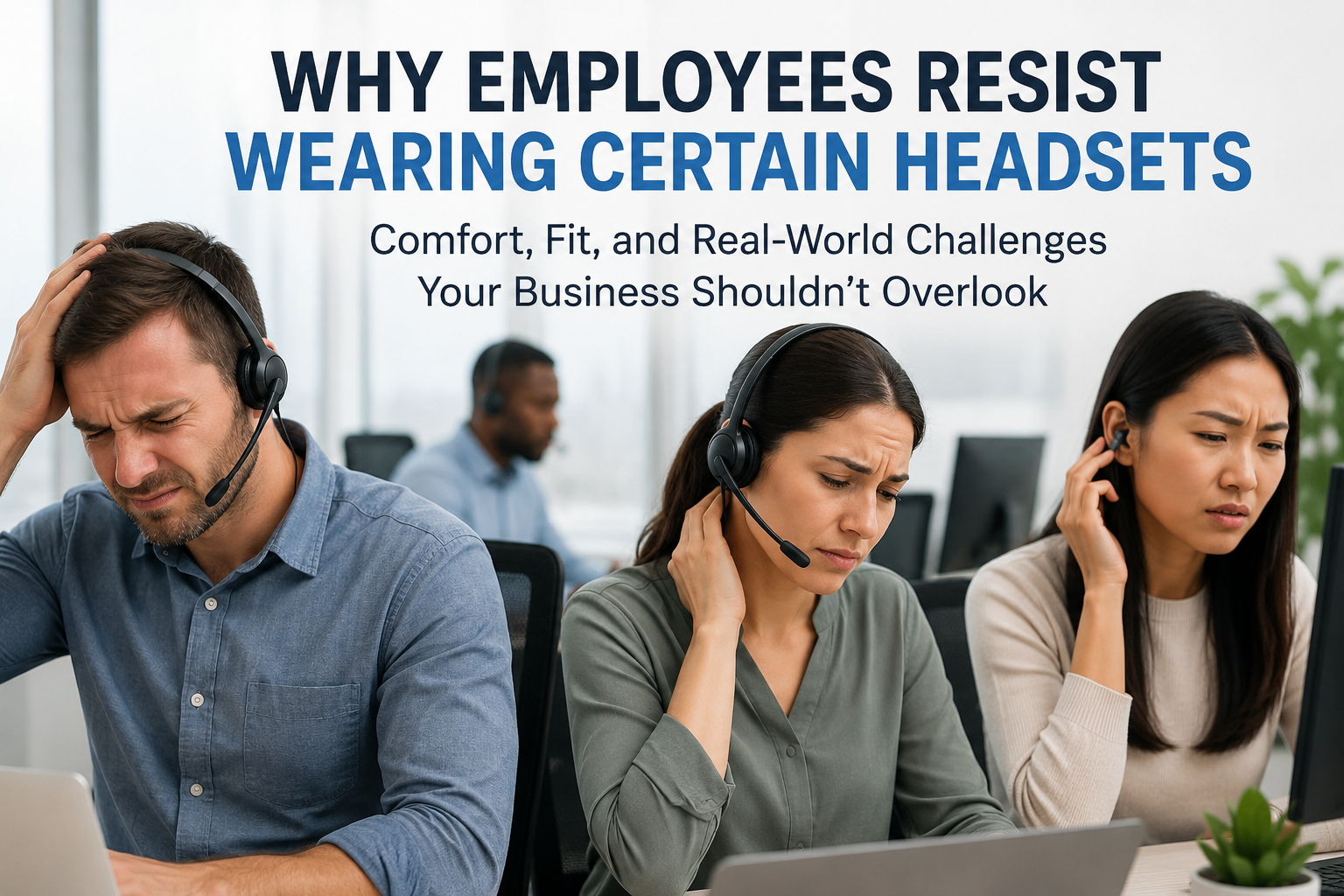 3 different people wearing unncomfortable headsets and grimmacing