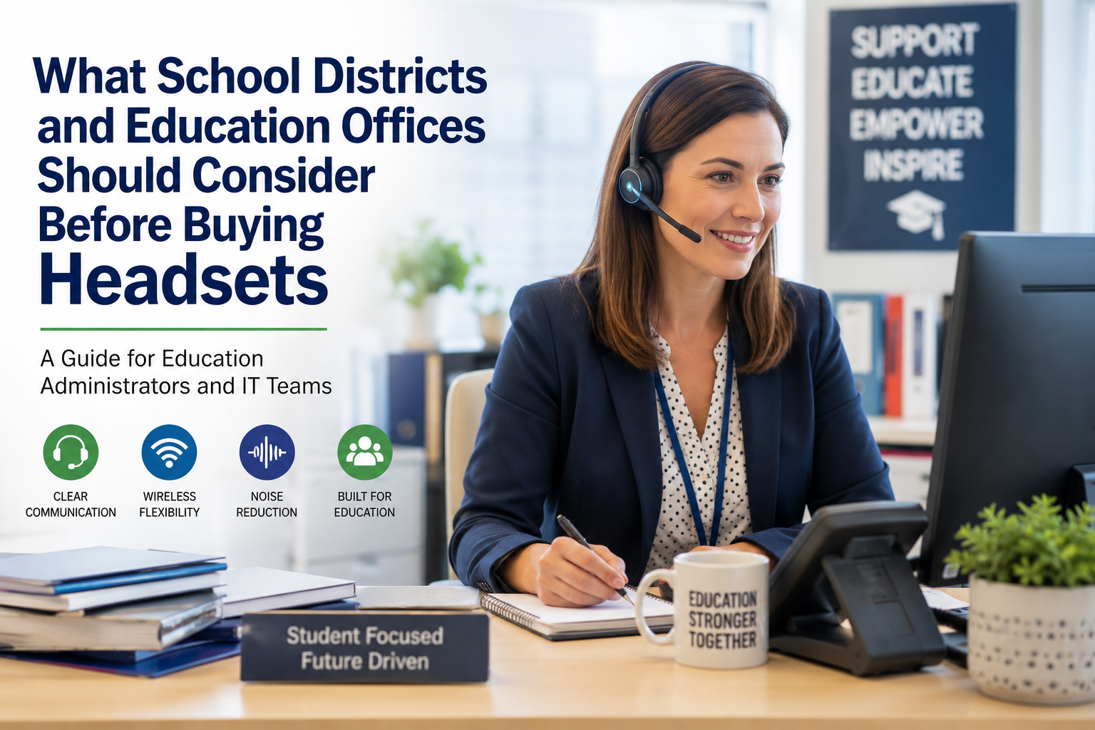 woman wearing headset at desk with text around her promoting the idea of things education institutions should consider before buying headsets