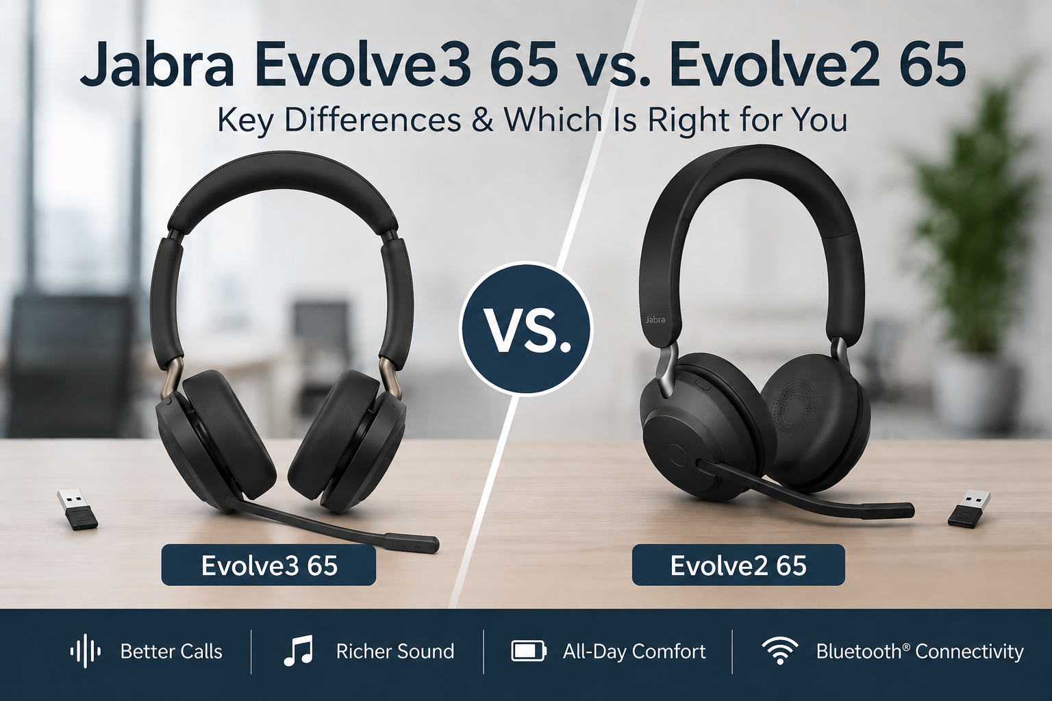Jabra Evolve3 65 side by side with Evolve2 65 on desk top with text of key differences & which is right for you