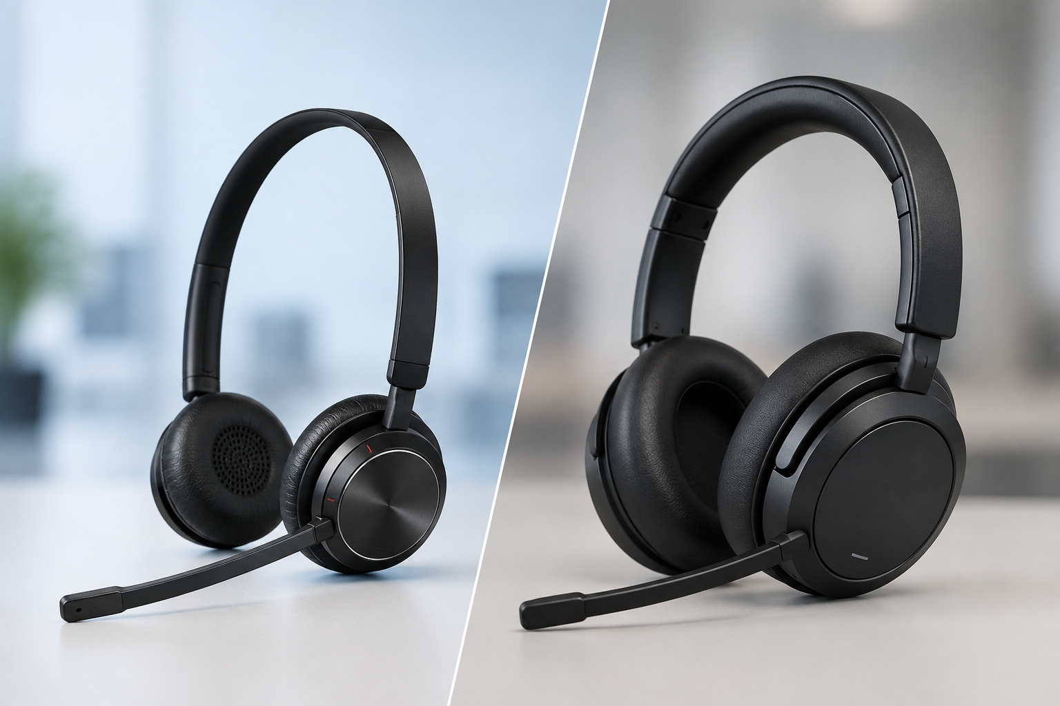 side by side images of headsets, one with on-ear cushions, one with over-ear cushions