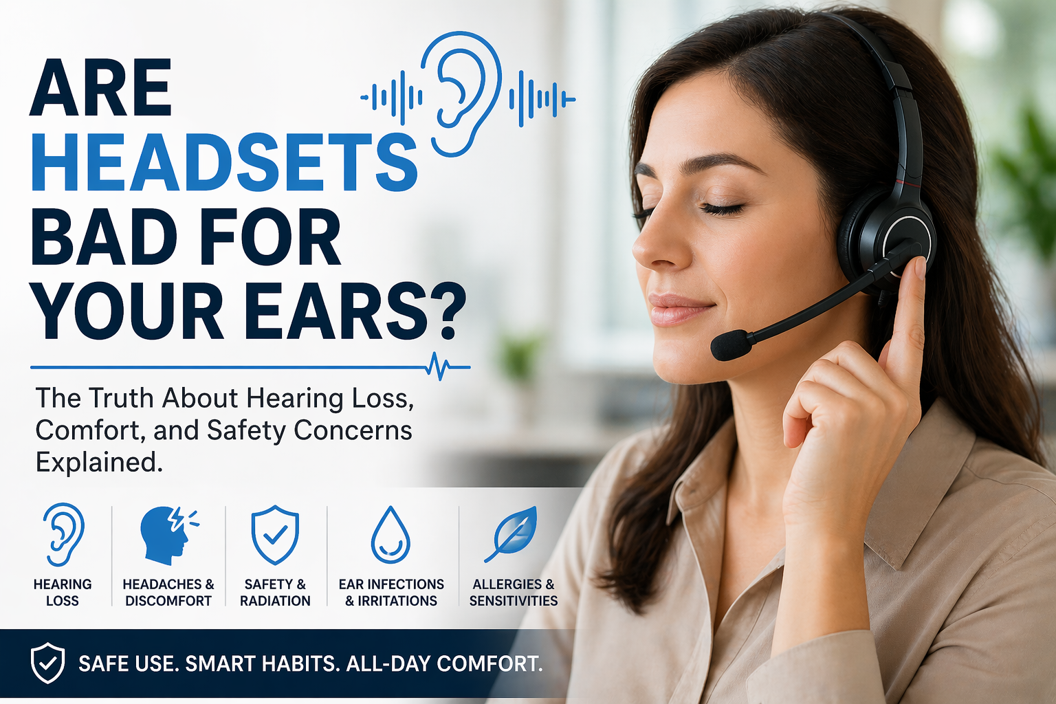 woman wearing headset with content expression with text that reads; are headsets bad for your ears