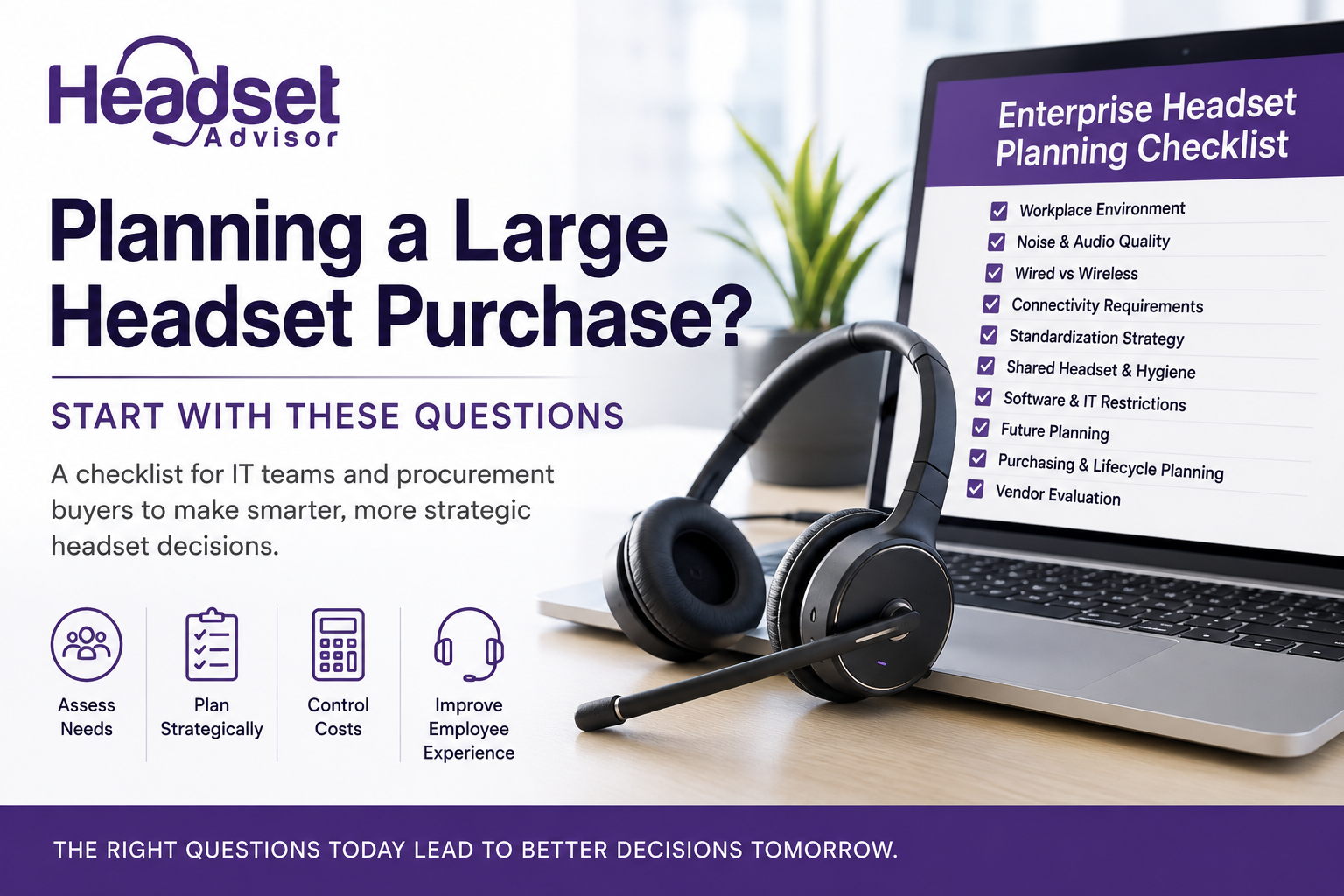 headset next to laptop with text promoting a pre-purchase headset buyers checklist