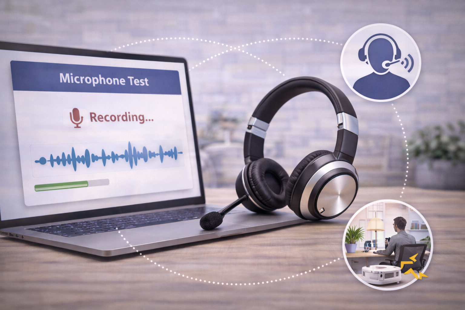 headset sitting next to a laptop with mictophone test in process