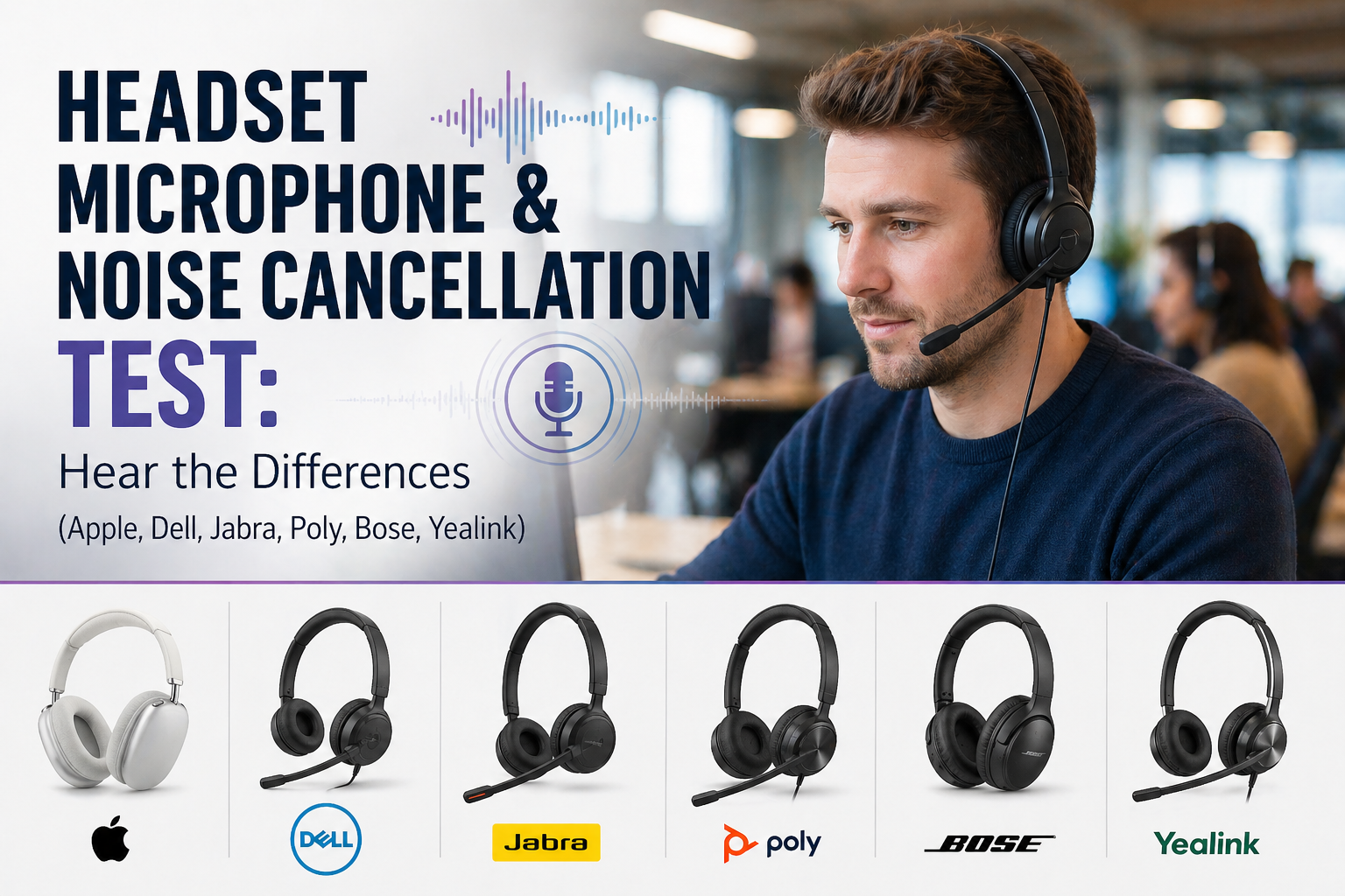 man working in open office wearing a headset, with images of different brands of headsets shown below. Text that reads Headset Microphone & Noise Cancellation test