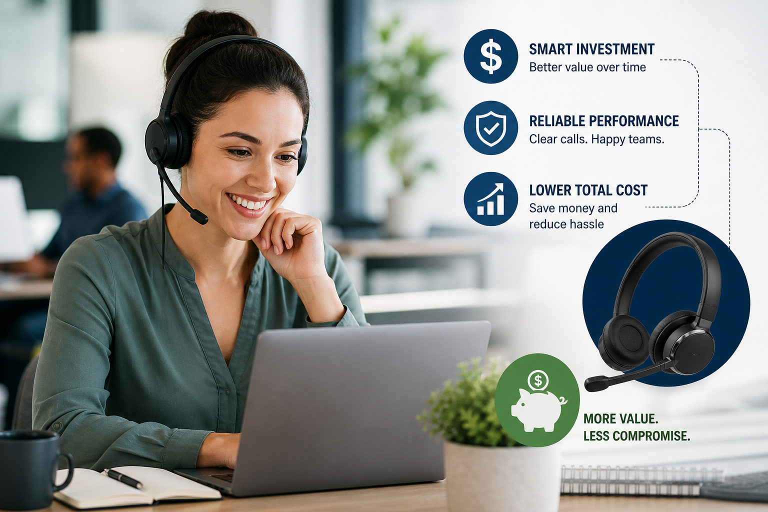 woman at laptop wearing headset, with text offering things to consider when buying headsets