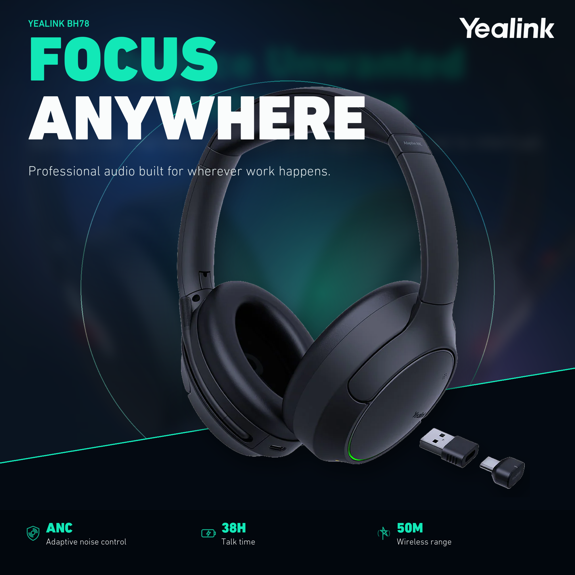 Yealink BH78 Wireless Bluetooth Headset with ANC & Charge stand - item 1208731