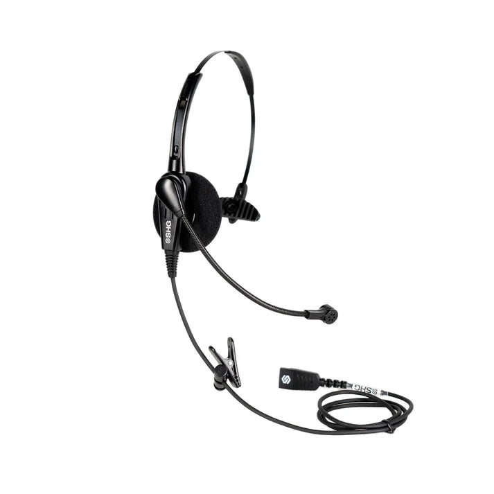 Black headset with microphone on a white background