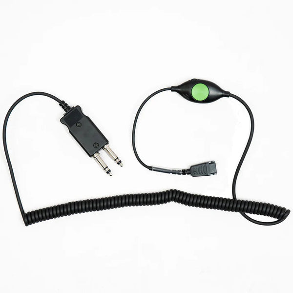 black SHG S D145-PTT audio cable with green button and a white background