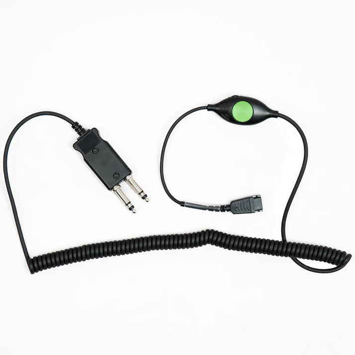 black SHG S D145-PTT audio cable with green button and a white background